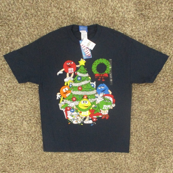 M&M's Vintage Y2K Shirt Men's Large Navy Christmas Tree Graphic Short Sleeve Tee - Picture 1 of 7